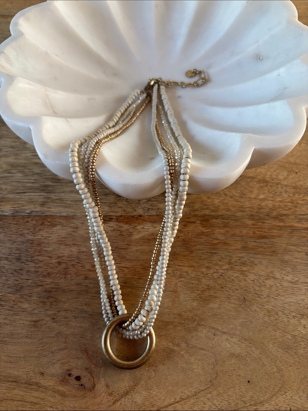 Erin McDermott Multi-Strand Cream Beaded Necklace with Gold Ring